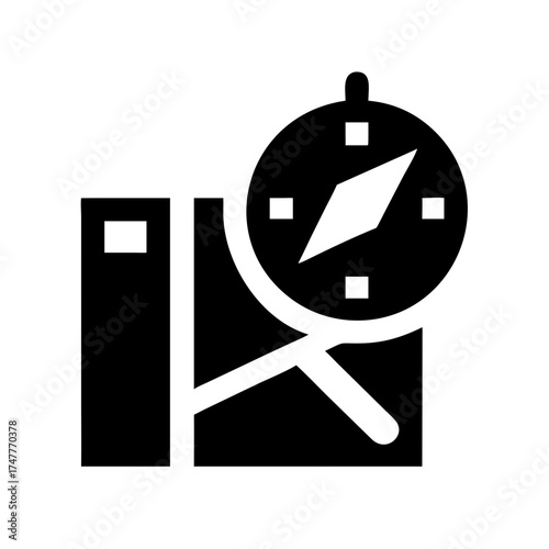 Illustration of a black and white map and compass