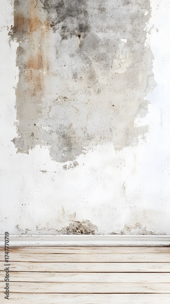 Fototapeta premium Distressed White Wall Wooden Floor Room Interior Background