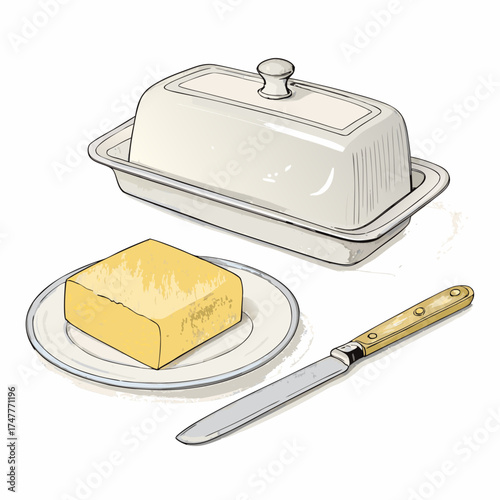 Hand-Drawn Butter Dish, Block of Butter, and Butter Knife Illustration