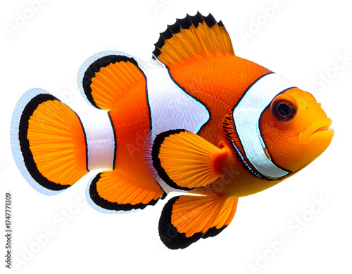 Vibrant Clownfish Swimming Side View, Isolated on Transparent Background