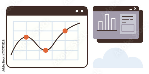 Graph with data points and chart in two browser windows conveying analytics and insights. Ideal for business, technology, data analysis, marketing trends, finance strategy, reporting, decision