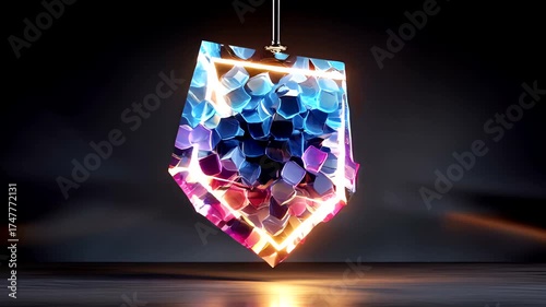 Abstract geometric crystal suspended with vibrant light effects
