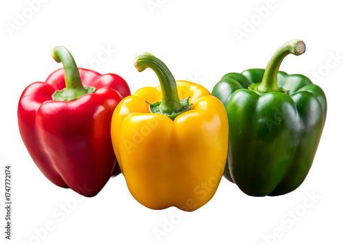 Vibrant red yellow and green bell peppers arranged together against a stark black background