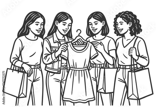 women shopping together and admiring dress, symbolizing friendship, fashion, modern lifestyle sketch engraving generative ai fictional character vector illustration. Scratch board. Black and white.