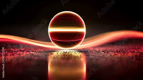 Glowing orb with wavy light trails on textured, dark surface