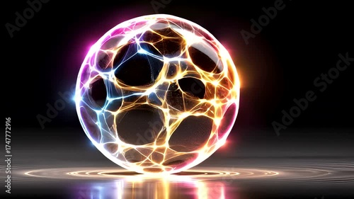 A luminous, intricately networked sphere glows with vibrant colors, casting reflections