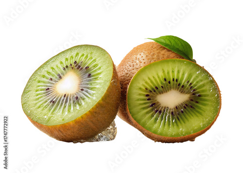 Vibrant green kiwi slices and whole fruit displayed against a stark black background