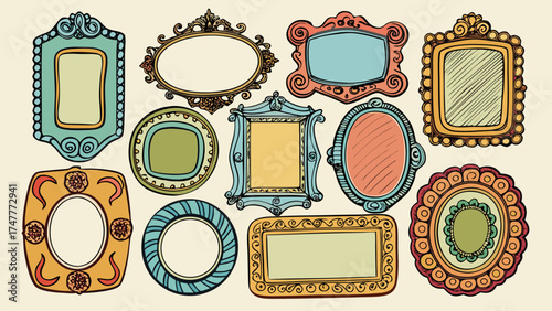 Vector art of set of vintage frames of different shapes and colors on a beige background