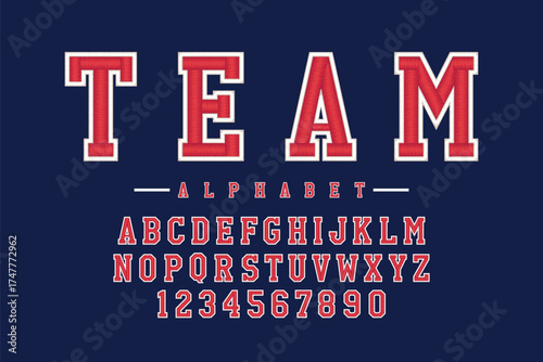 Classic college font. Vintage sport serif font in american style for football, soccer, baseball and basketball. Alphabet and numbers with outline in varsity style
