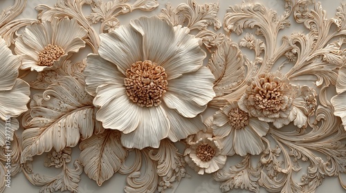 Luxurious embossed floral pattern with intricate detail and rich texture, perfect for elegant interior design and sophisticated branding.