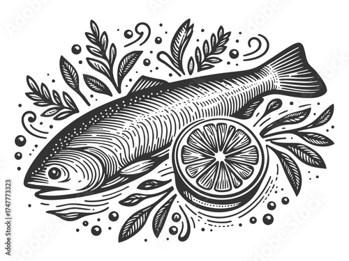 fish surrounded by lemon slices and herbs, evoking a classic seafood and culinary theme sketch engraving generative ai vector illustration. Scratch board imitation. Black and white image.
