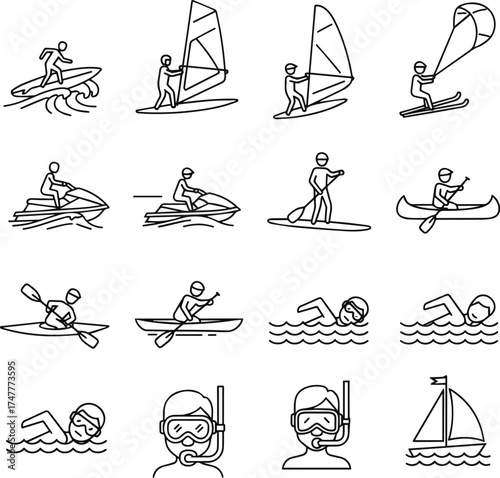 Isolated a kinds of deferent Water Sport Icons. Editable Stroke. Set of thin line icons symbol collection. vector art with white background..