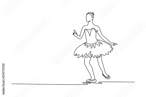Single continuous line drawing attractive ballerina in a graceful, dynamic traveling step, with arms extended in a fluid and expressive motion. Dynamic one line draw graphic design vector illustration