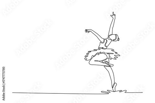 Single continuous line drawing ballerina balancing on one foot en pointe with her arms extended, moment of grace and perfect technical balance. Dynamic one line draw graphic design vector illustration