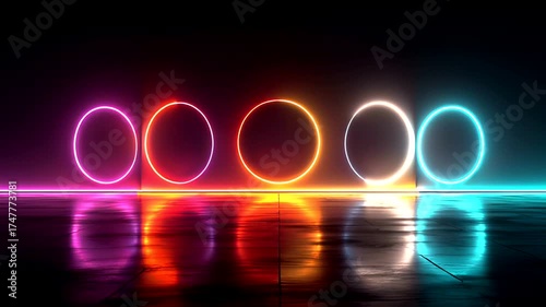 Five glowing circles of light in pink, red, orange, white, and cyan stand against a dark background