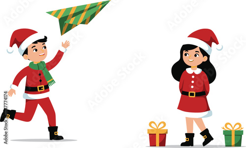 Children throwing paper airplane cartoon, festive Santa outfit illustration, holiday gift boxes, cheerful Christmas scene, playful winter activity, joy