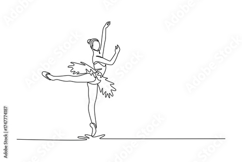 Continuous one line drawing ballerina balancing on one foot en pointe with her leg extended behind her and arms raised, a graceful arabesque pose. Single line draw design vector graphic illustration