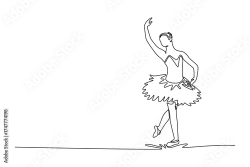 Continuous one line drawing ballerina balancing en pointe or demi-pointe with one leg raised and arm extended skyward, vertical elegance, control. Single line draw design vector graphic illustration