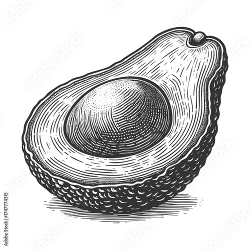 halved avocado with visible seed, showing texture and natural detail in retro botanical style sketch engraving generative ai vector illustration. Scratch board imitation. Black and white image.
