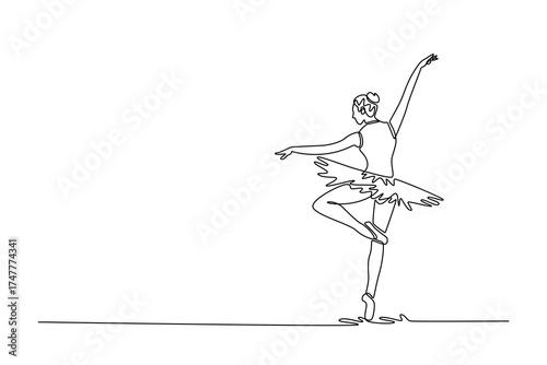 Continuous one line drawing back view of ballerina balancing on one foot en pointe and one leg raised, executing a turn or an arabesque variation. Single line draw design vector graphic illustration
