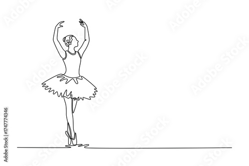 Continuous one line drawing ballerina balancing perfectly pointe with both arms gracefully curved and extended overhead, serene vertical elegance. Single line draw design vector graphic illustration