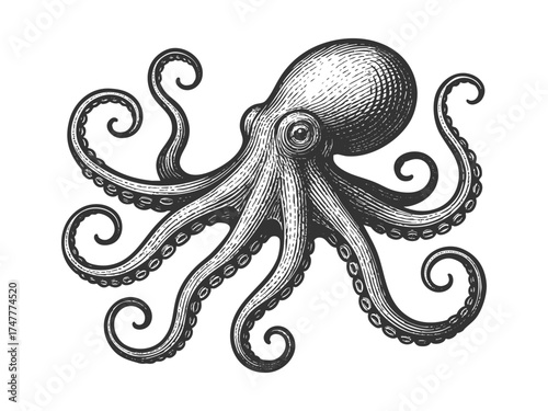 octopus with detailed tentacles, symbolizing marine life, sea creatures, and oceanic mystery sketch engraving generative ai vector illustration. Scratch board imitation. Black and white image.