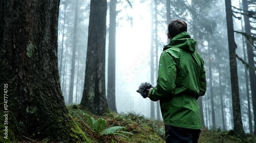 Person in green jacket standing in a misty, mossy forest, looking into the distance.