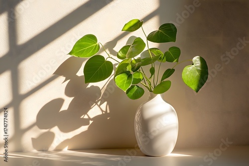 Sunlight Illuminates Green Plant in White Vase Minimalist Home Decor
