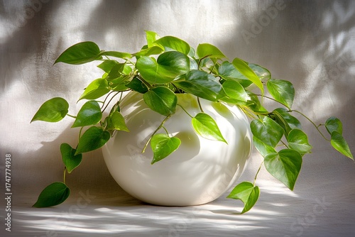 Vibrant Green Plant in White Spherical Pot Sunlight