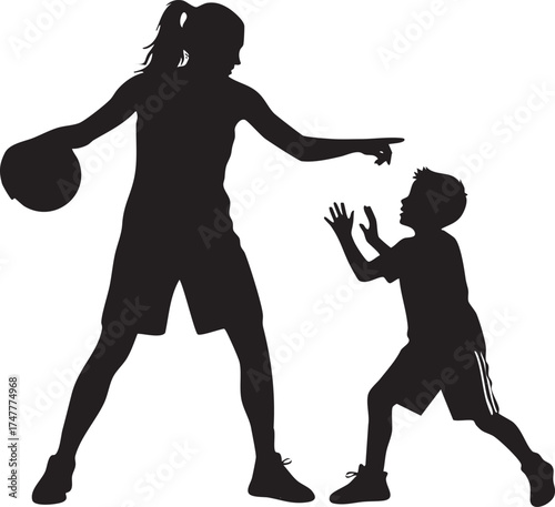 Woman Coaching Child Playing Basketball Silhouette