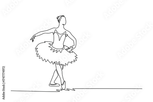 Single continuous line drawing ballerina in tutu, balancing en pointe with her arms extended wide in cross-legged position, classical elegance. Dynamic one line draw graphic design vector illustration