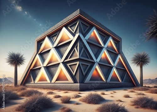 Futuristic geometric building in desert landscape at sunset  