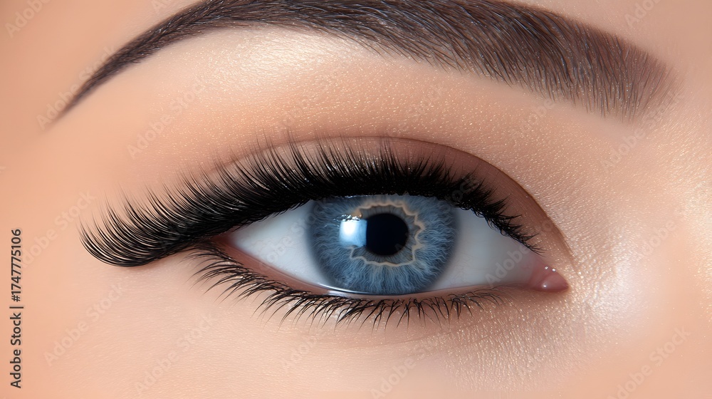 Fototapeta premium Closeup of a Blue Eye with Long Eyelashes and Natural Makeup