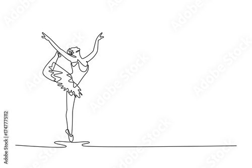 Single continuous line drawing ballerina balancing en pointe while holding her leg high over her head, extreme flexibility and technical skill of art. One line draw graphic design vector illustration
