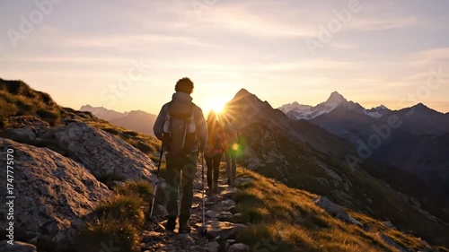 Hikers walk along a mountain trail at sunset, with a bright sun and snow-capped peaks in the distance.