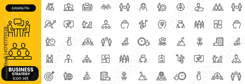 Business strategy set of web icons in line style. A collection of linear icon representing key business concepts, including market analysis, strategy, leadership, innovation, planning. Editable stroke