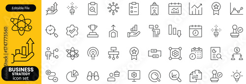 Business strategy set of web icons in line style. A collection of linear icon representing key business concepts, including market analysis, strategy, leadership, innovation, planning. Editable stroke
