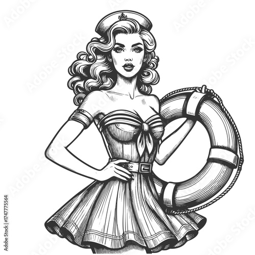 pin-up sailor girl in a striped outfit, holding a lifebuoy with flowing hair sketch engraving generative ai fictional character vector illustration. Scratch board imitation. Black and white image.
