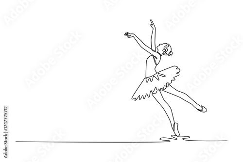 Single one line drawing ballerina balancing en pointe with her body gracefully arched back and arms extended, moment of soaring elegance. Modern continuous line draw design graphic vector illustration