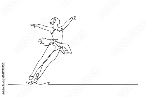 Single one line drawing ballerina in dynamic, forward-moving leap, with her arms and legs extended, fluidity, lightness of her movement. Modern continuous line draw design graphic vector illustration
