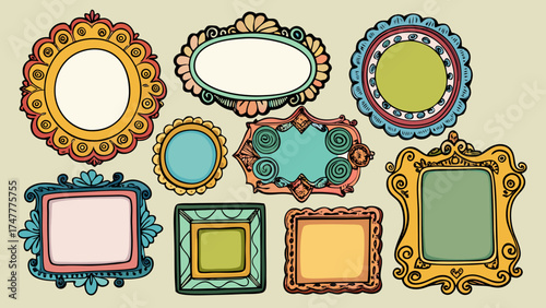 Vector art of set of hand drawn vintage frames in different shapes and bright colors