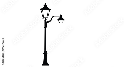 Classic black silhouette of a dual-headed vintage street lamp post lighting a pathway silhouette