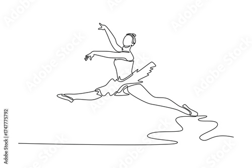 Single one line drawing ballerina in mid-air pose, performing a powerful split leap with arms raised, dynamism and grace of the movement. Modern continuous line draw design graphic vector illustration