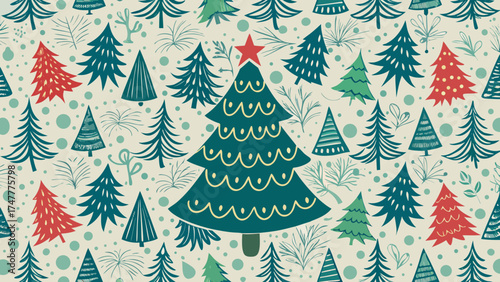 Vector art of seamless pattern with christmas trees, winter forest background for wrapping paper