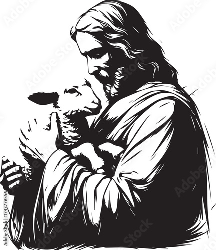 Divine Embrace: A serene depiction of a spiritual figure tenderly cradling a lamb, symbolizing compassion, faith, and the bond between shepherd and flock.