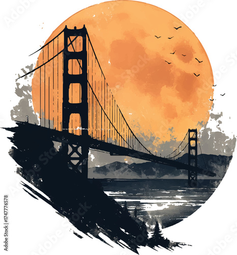 Golden Gate Bridge Under the Moon: A striking illustration of the iconic Golden Gate Bridge silhouetted against a giant orange moon, capturing the romantic and powerful ambiance.