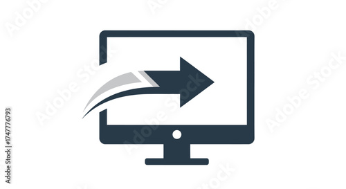 Minimalist silhouette of monitor with outward arrow, subtle curved motion lines, geometric shapes, solid single-color, digital presentation icon design