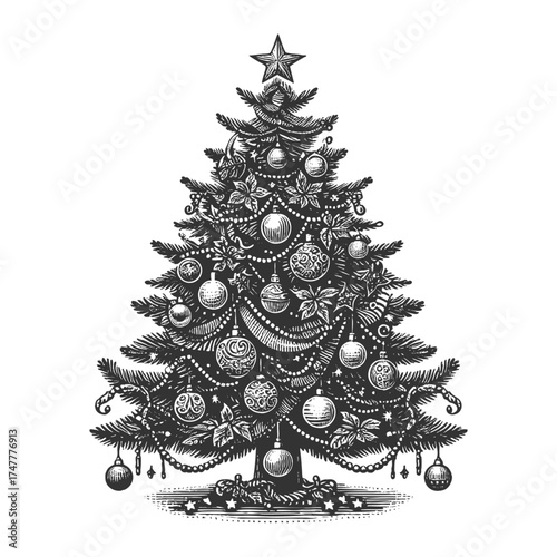 Christmas tree adorned with ornaments, garlands, baubles, and a star, evoking festive holiday spirit sketch engraving generative ai vector illustration. Scratch board imitation. Black and white image.