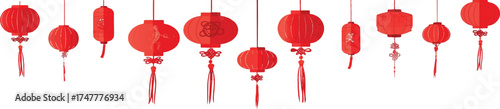 Red Lanterns Display: A vibrant arrangement of red lanterns hanging, symbolizing good fortune and celebration. The lanterns exhibit a variety of shapes and designs.