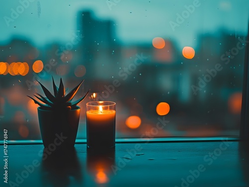 Wallpaper Mural Still life with succulent and candle, cozy night atmosphere by the window Torontodigital.ca